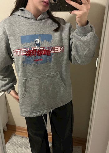 diğer Beden gri Renk Gri Kapüşonlu Baskılı Kadın Sweatshirt