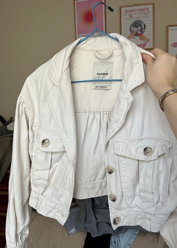 Pull and Bear Beyaz Kadın Pamuk Ceket Düğmeli