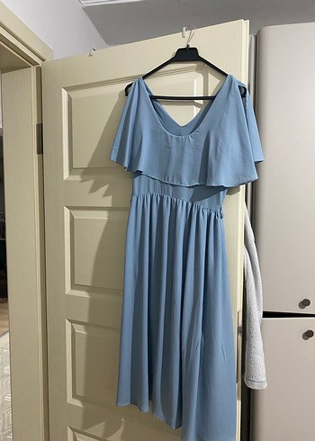 Mavi V Yaka Midi Elbise - Görsel 4