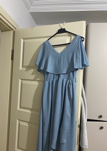 Mavi V Yaka Midi Elbise - Görsel 2