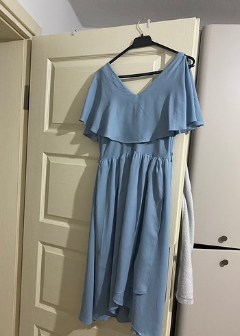 Mavi V Yaka Midi Elbise - Görsel 3