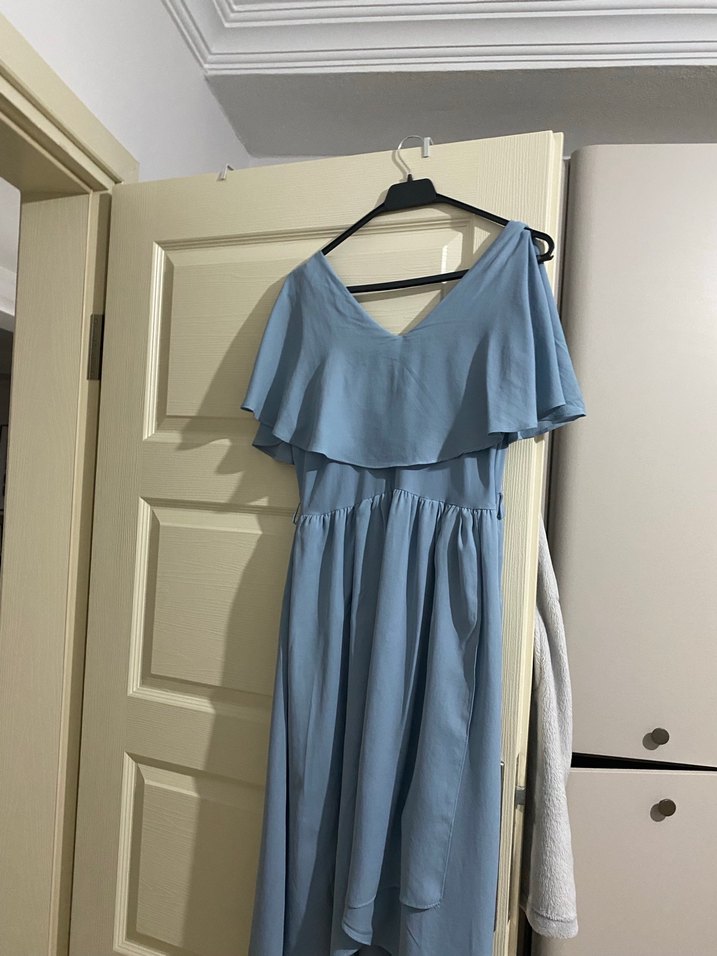 Mavi V Yaka Midi Elbise - Görsel 2