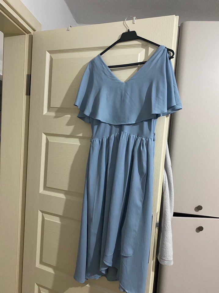 Mavi V Yaka Midi Elbise - Görsel 3