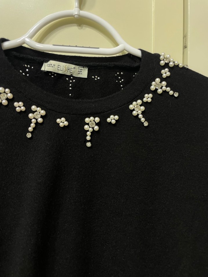 İnci Detaylı Siyah Kadın Triko - Görsel 2