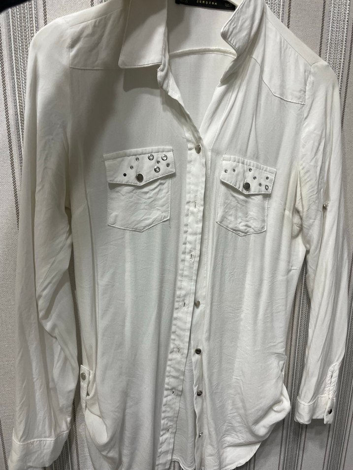 Kadın Metal Düğmeli Uzun Kollu penye Gömlek - Görsel 5