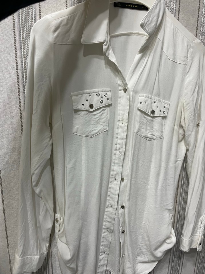 Kadın Metal Düğmeli Uzun Kollu penye Gömlek - Görsel 4