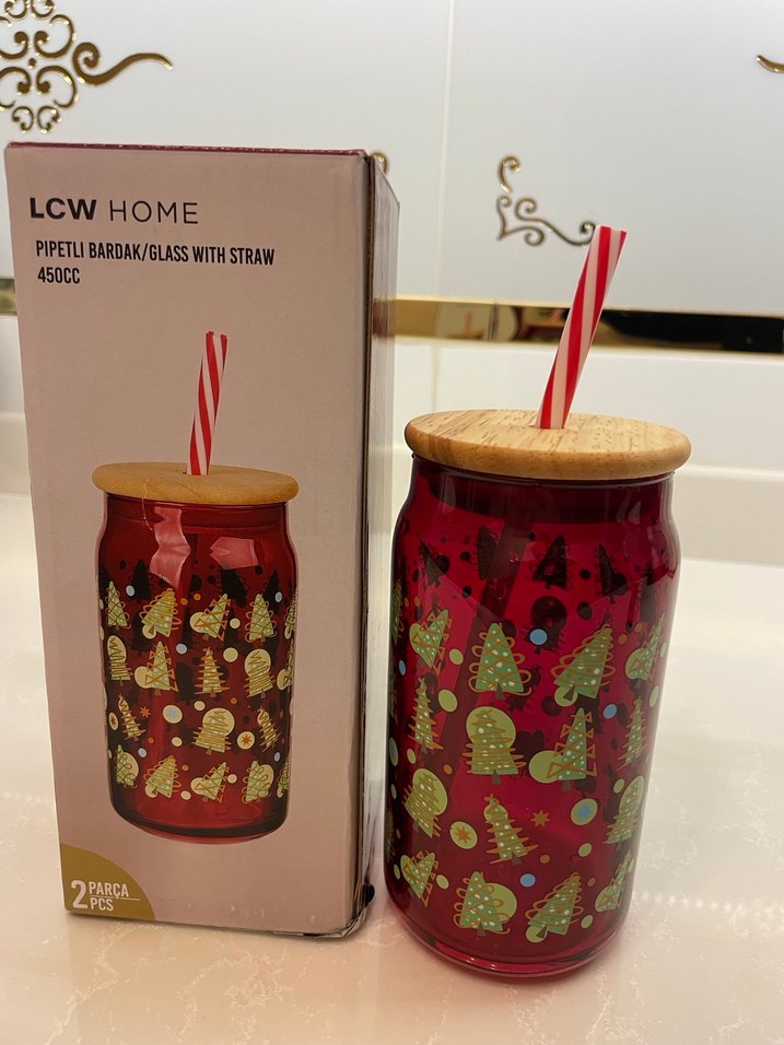 LCW HOME Baskılı Pipetli Kırmızı Cam Bardak 450 ml - Görsel 2