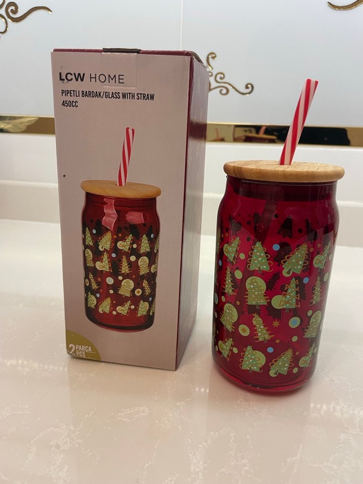 LCW HOME Baskılı Pipetli Kırmızı Cam Bardak 450 ml - Görsel 5