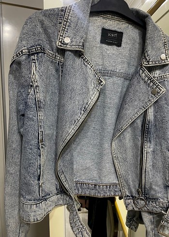 Gri Kadın Kot Ceket, Gevşek Kesim, Tokalı - Görsel 3