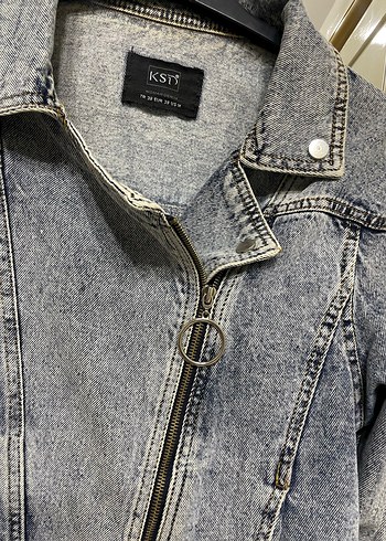 Gri Kadın Kot Ceket, Gevşek Kesim, Tokalı - Görsel 5