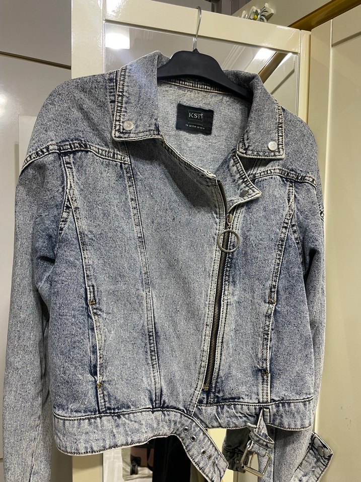 Gri Kadın Kot Ceket, Gevşek Kesim, Tokalı - Görsel 4