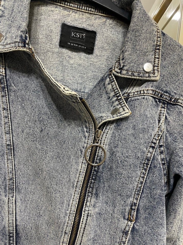 Gri Kadın Kot Ceket, Gevşek Kesim, Tokalı - Görsel 5