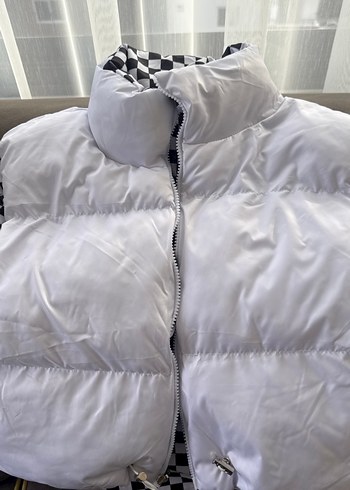 Beyaz Kareli Fermuarlı Kadın Yelek - Görsel 2