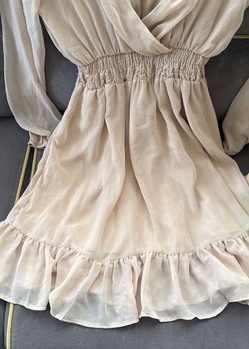 Bej Midi V Yaka Rahat Keten Elbise - Görsel 3