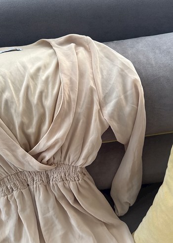 Bej Midi V Yaka Rahat Keten Elbise - Görsel 2