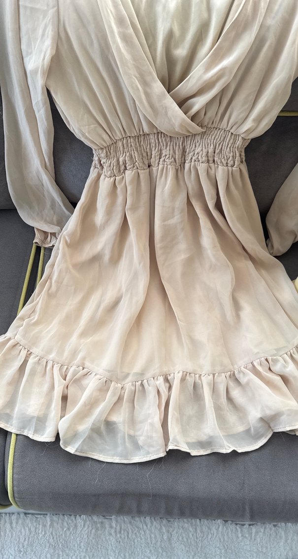 Bej Midi V Yaka Rahat Keten Elbise - Görsel 3