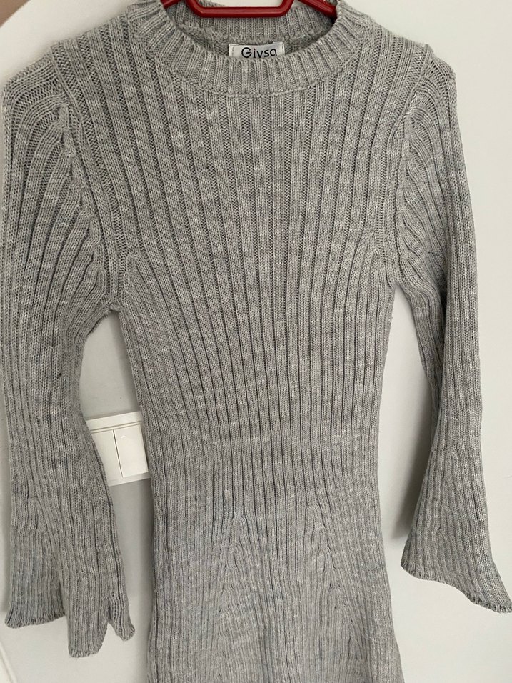 Gri Triko  Uzun Kollu Elbise - Görsel 2