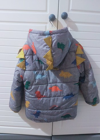 Gri Dinozor Desenli Erkek Çocuk Kapüşonlu Mont - Görsel 2