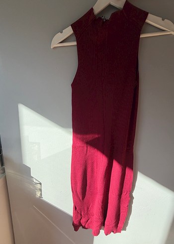 Bordo Piliseli Yüksek Yaka Kolsuz Triko Elbise - Görsel 3