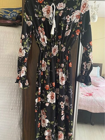 uzun elbise astarlı beli lastikli