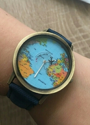 universal Beden Dünya Haritası ve Uçaklı mavi kordon Saat