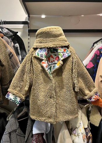 Renkli Çiçek Desenli çocuk mont şapka - Görsel 6