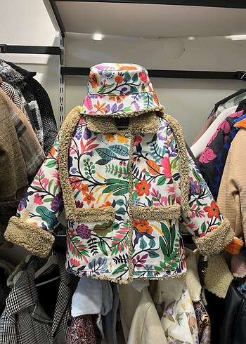 Renkli Çiçek Desenli çocuk mont şapka - Görsel 2