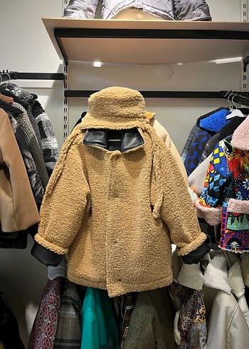 Kürklü Siyah Deri yumuşak çocuk mont şapka - Görsel 6