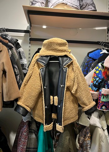 Kürklü Siyah Deri yumuşak çocuk mont şapka - Görsel 5