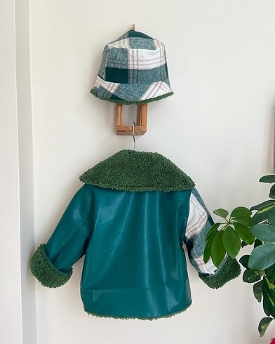 24-36 Ay Beden yeşil Renk Ekoseli tasarım çocuk mont şapka