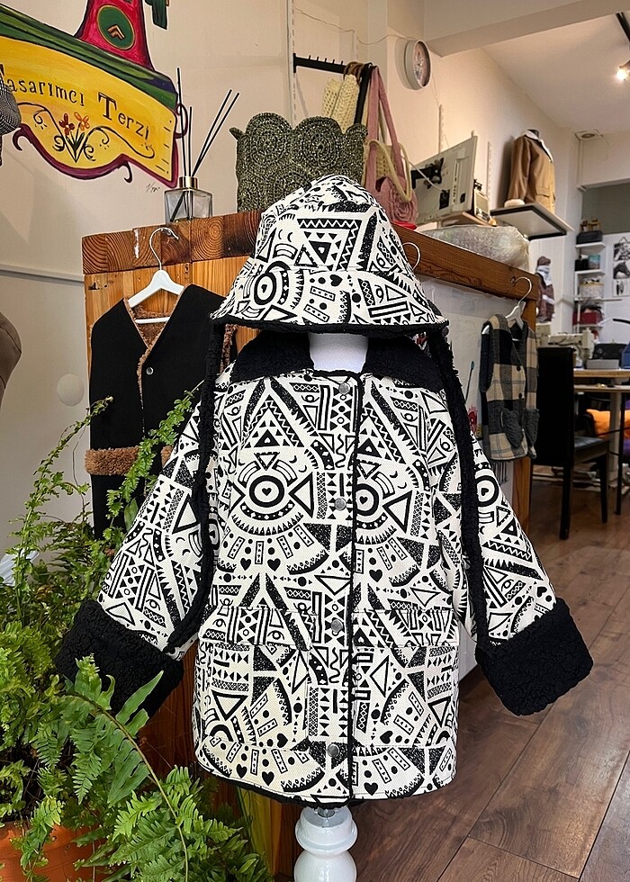 Etnik desenli çocuk mont şapka - Görsel 2