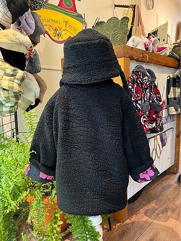 Pembe çiçekli çift taraflı çocuk mont şapka - Görsel 8