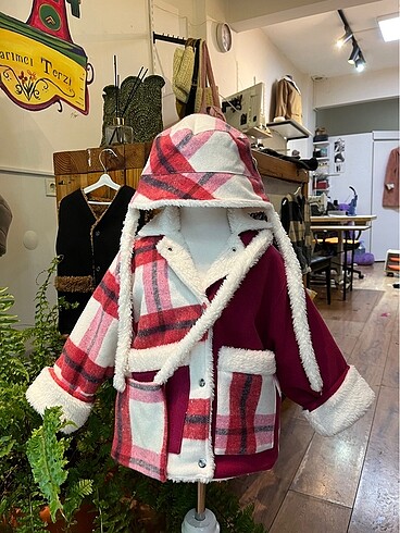 Pembe ekoseli bebek mont şapka çanta