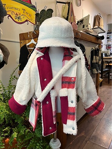 Pembe ekoseli bebek mont şapka çanta - Görsel 5