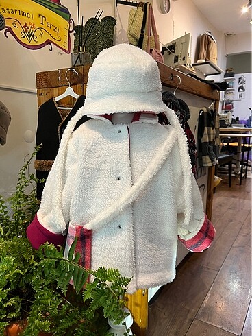 Pembe ekoseli bebek mont şapka çanta - Görsel 6