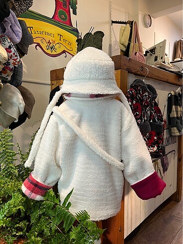 Pembe ekoseli bebek mont şapka çanta - Görsel 7