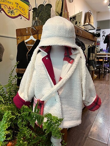 Pembe ekoseli bebek mont şapka çanta - Görsel 8