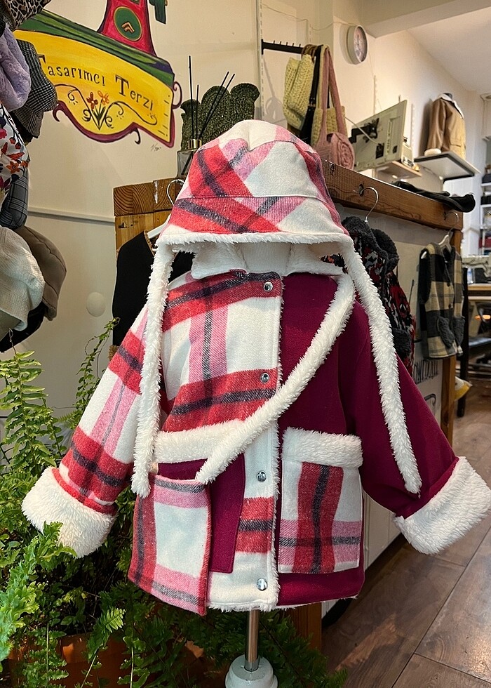 Pembe ekoseli bebek mont şapka çanta - Görsel 2