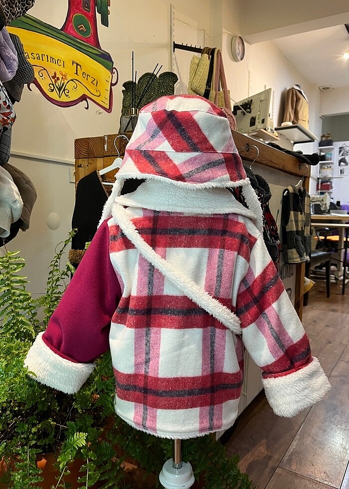 Pembe ekoseli bebek mont şapka çanta - Görsel 3