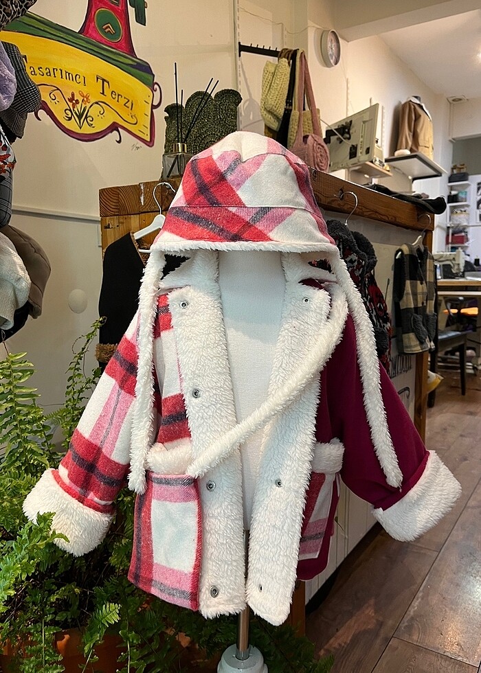 Pembe ekoseli bebek mont şapka çanta - Görsel 4