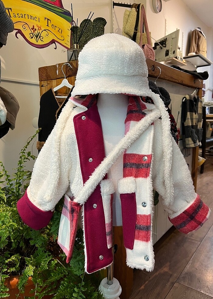 Pembe ekoseli bebek mont şapka çanta - Görsel 5