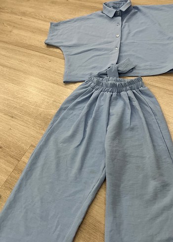 Mavi Kısa Kollu Keten Gömlek ve pantolon takım - Görsel 2