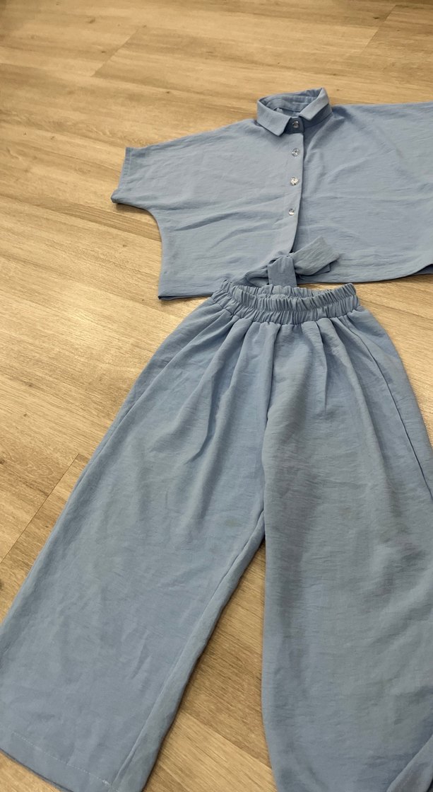 Mavi Kısa Kollu Keten Gömlek ve pantolon takım - Görsel 2