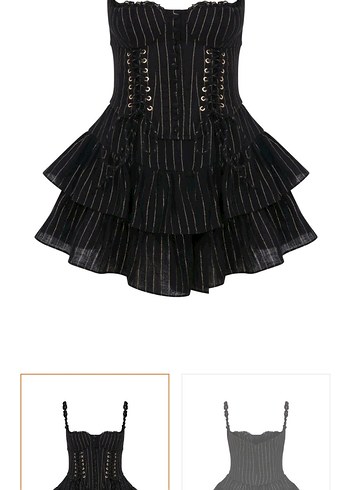 Siyah Çizgili Straplez Gotik Midi Elbise