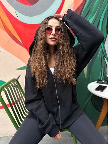 l Beden Siyah Fermuarlı Hoodie
