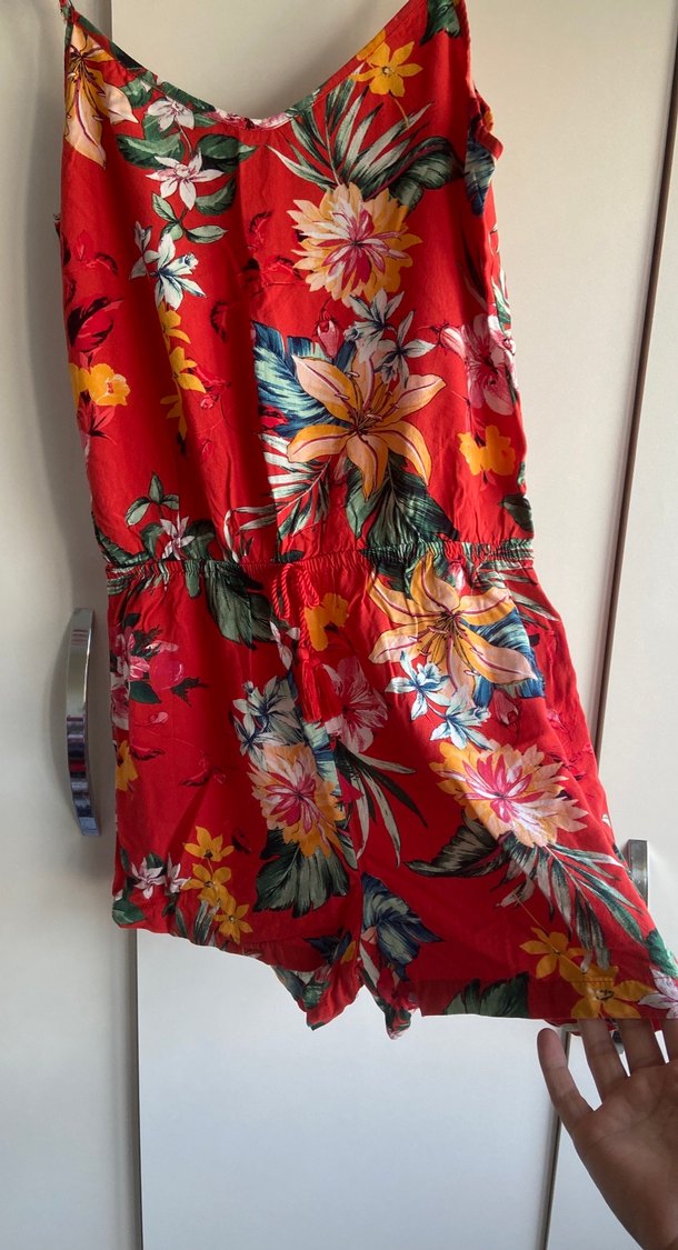 Çiçek Desenli Kırmızı Bohem Tulum - Görsel 2