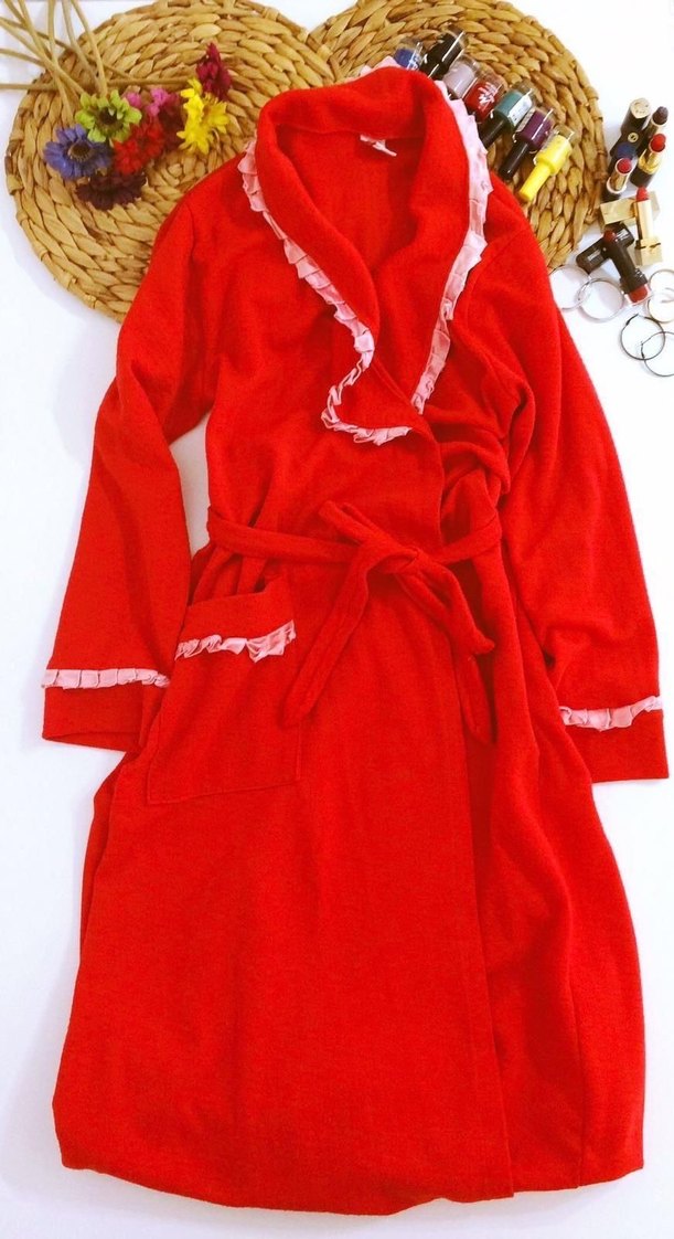 (42) KIRMIZI SATEN FİYONK DETAYLI ŞIK SPOR PAMUK UZUN SABAHLIK - Görsel 3