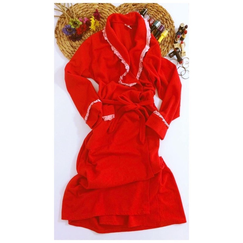 (42) KIRMIZI SATEN FİYONK DETAYLI ŞIK SPOR PAMUK UZUN SABAHLIK - Görsel 2