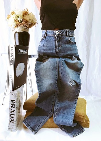 Kadın Gri Mavi Bol Kesim Denim Midi Pantolon