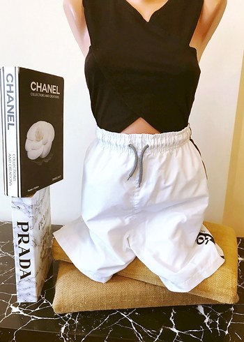 (L) BEYAZ DESENLİ BEL LASTİKLİ CEPLİ ŞIK SPOR UNISEX DENİZ ŞORT - Görsel 4